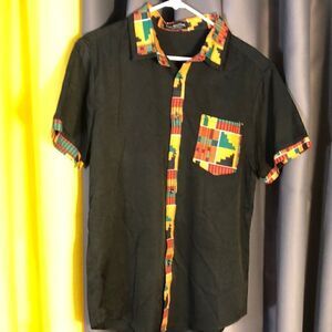 LucMatton Men's African Patchwork Short Sleeve Button up Shirt size large NWOT